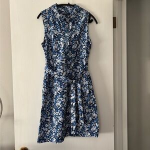 Tommy Hilfiger Blue and White Floral Sleeveless Tie-Waist Mini Dress